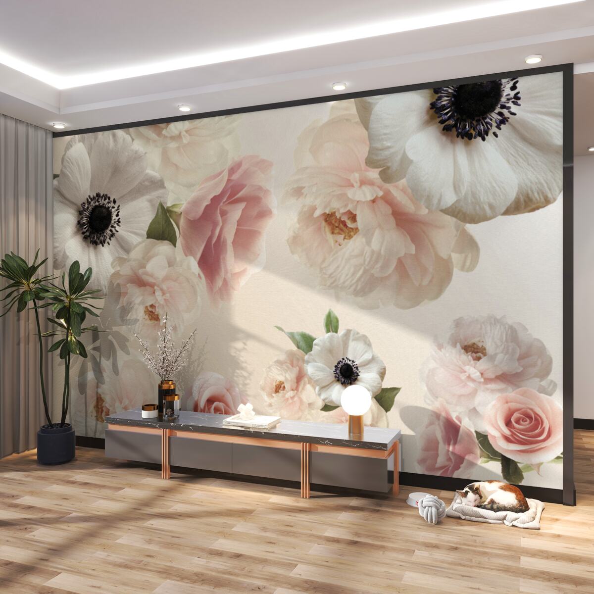 Fototapeta biały mak z różową różą