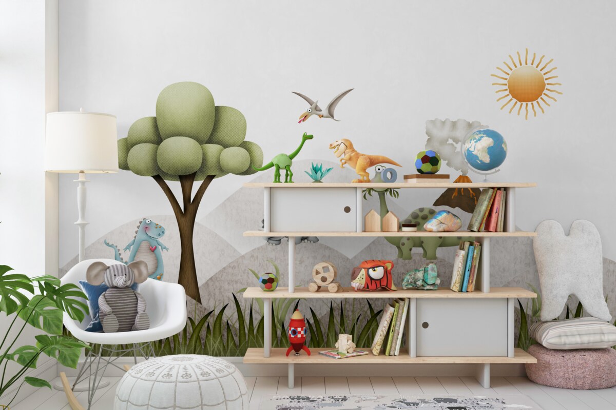 Fototapeta Dinozaury chodzą po tle wulkanu