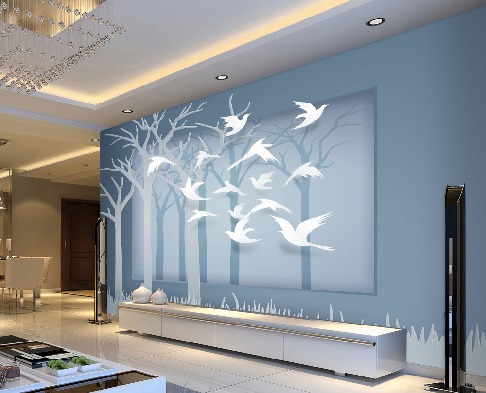 Fototapeta stado białych ptaków leci nad nocnym lasem