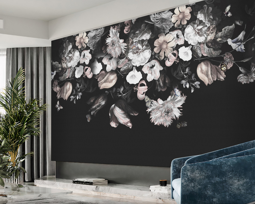 Fototapeta białe pąki kwiatowe na czarnym tle