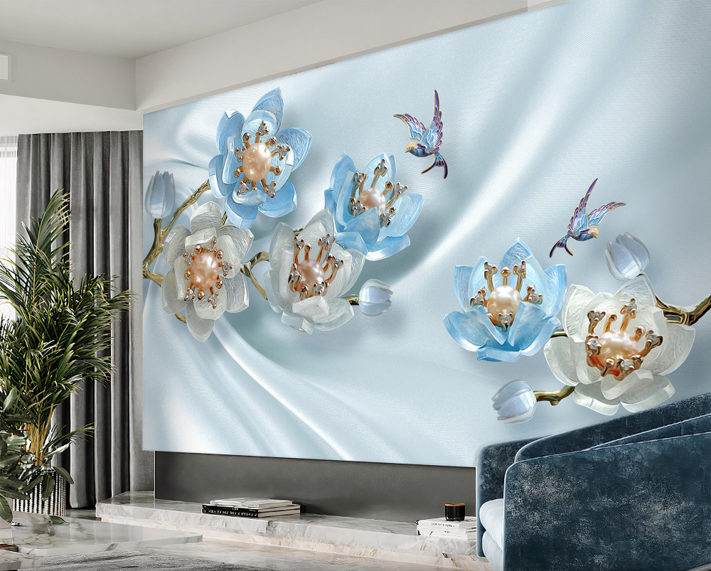 Fototapeta gałąź magnolii z perłami i złotem na jedwabnym tle