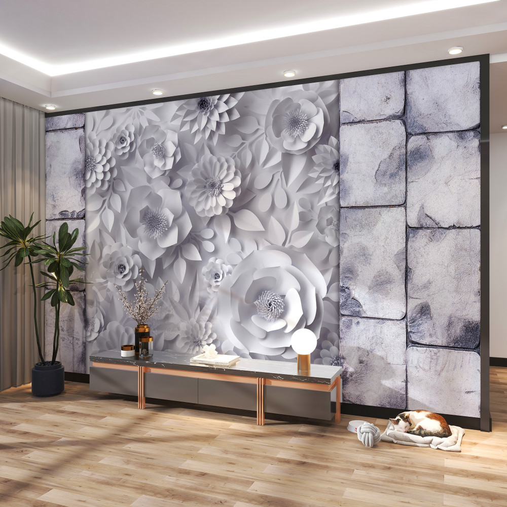 Fototapeta różne obszerne kwiaty na ceglanym tle