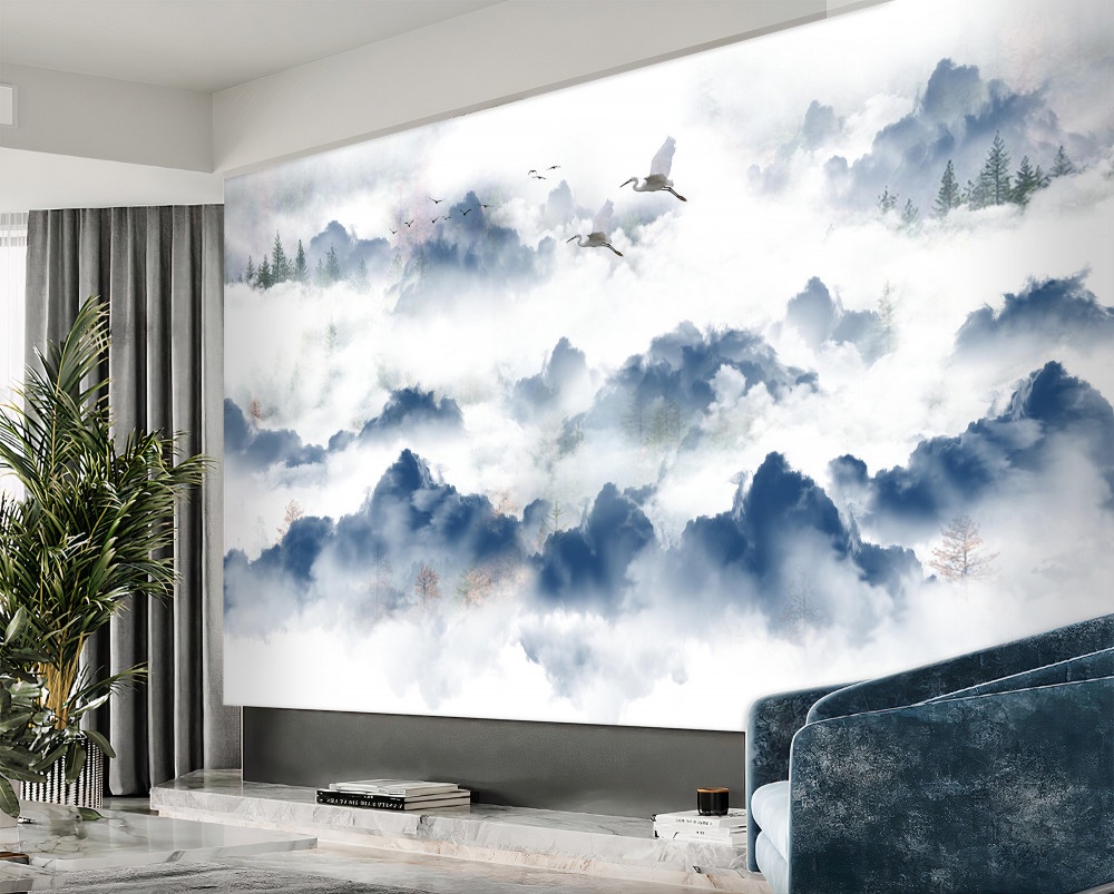 Fototapeta ptaki latają nad zamglonymi szczytami gór