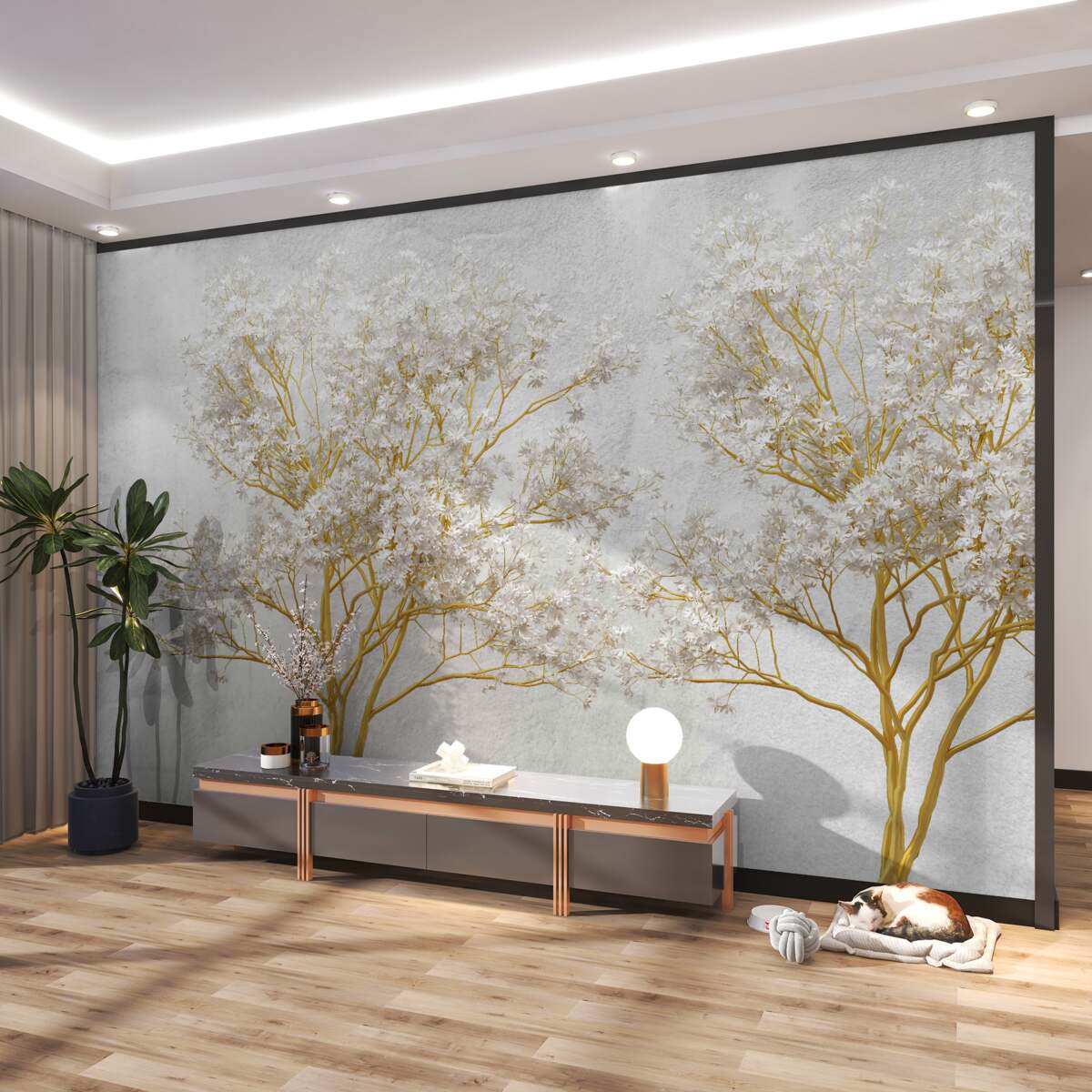 Fototapeta jesienne drzewa w białych kwiatach