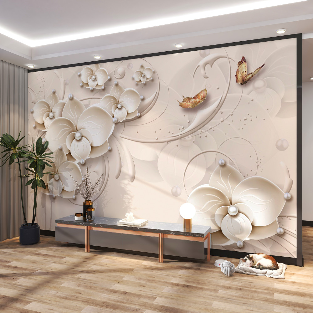 Fototapeta białe gałęzie orchidei i motyl