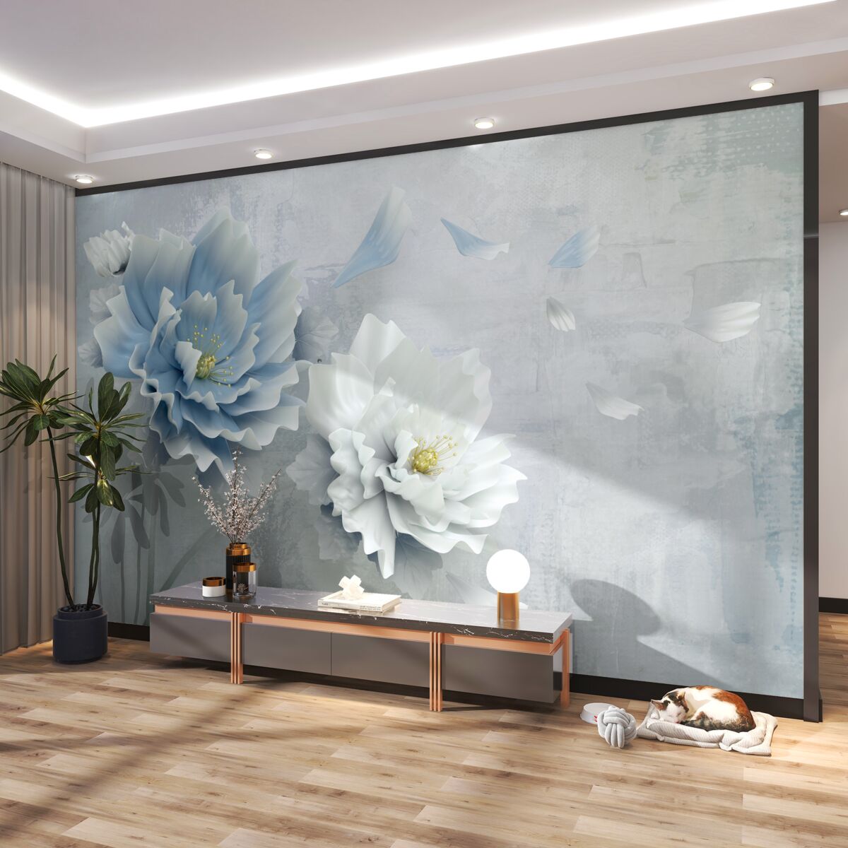 Fototapeta biały i niebieski kwiat na tle abstrakcji górskiej