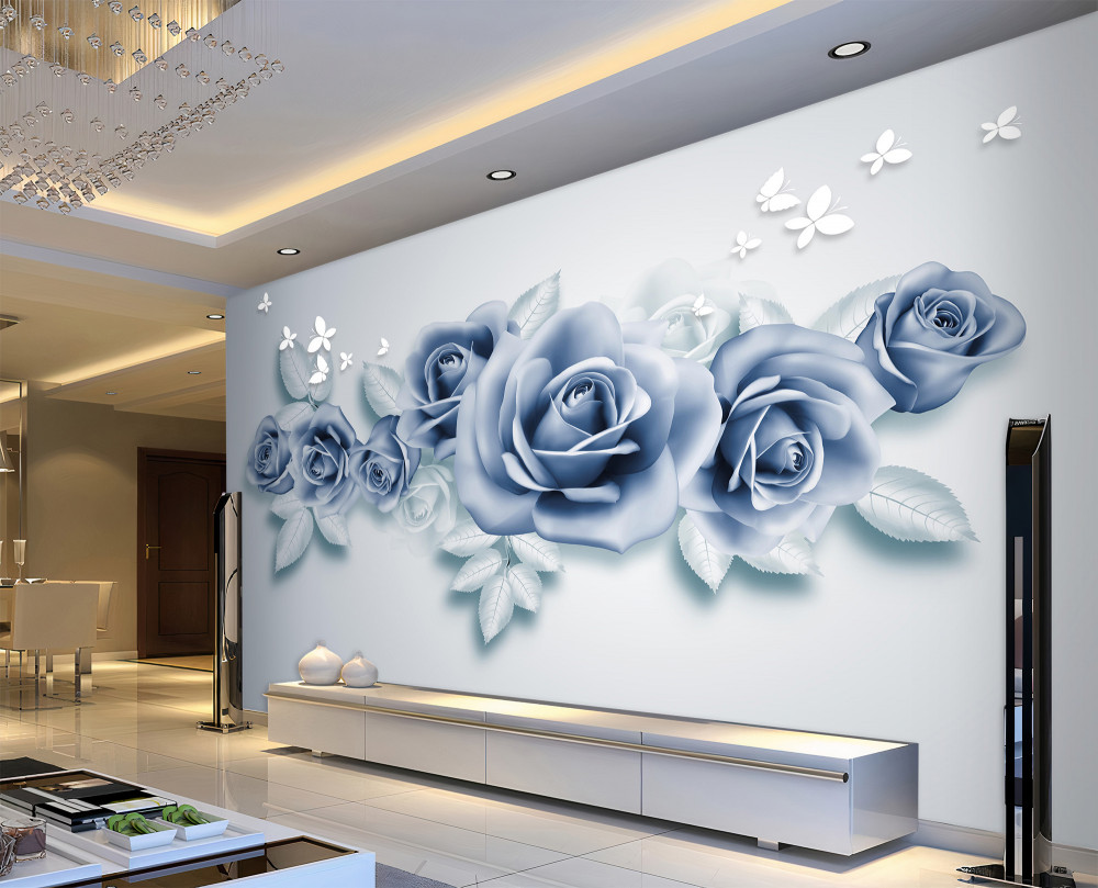 Fototapeta delikatne niebieskie róże i białe motyle