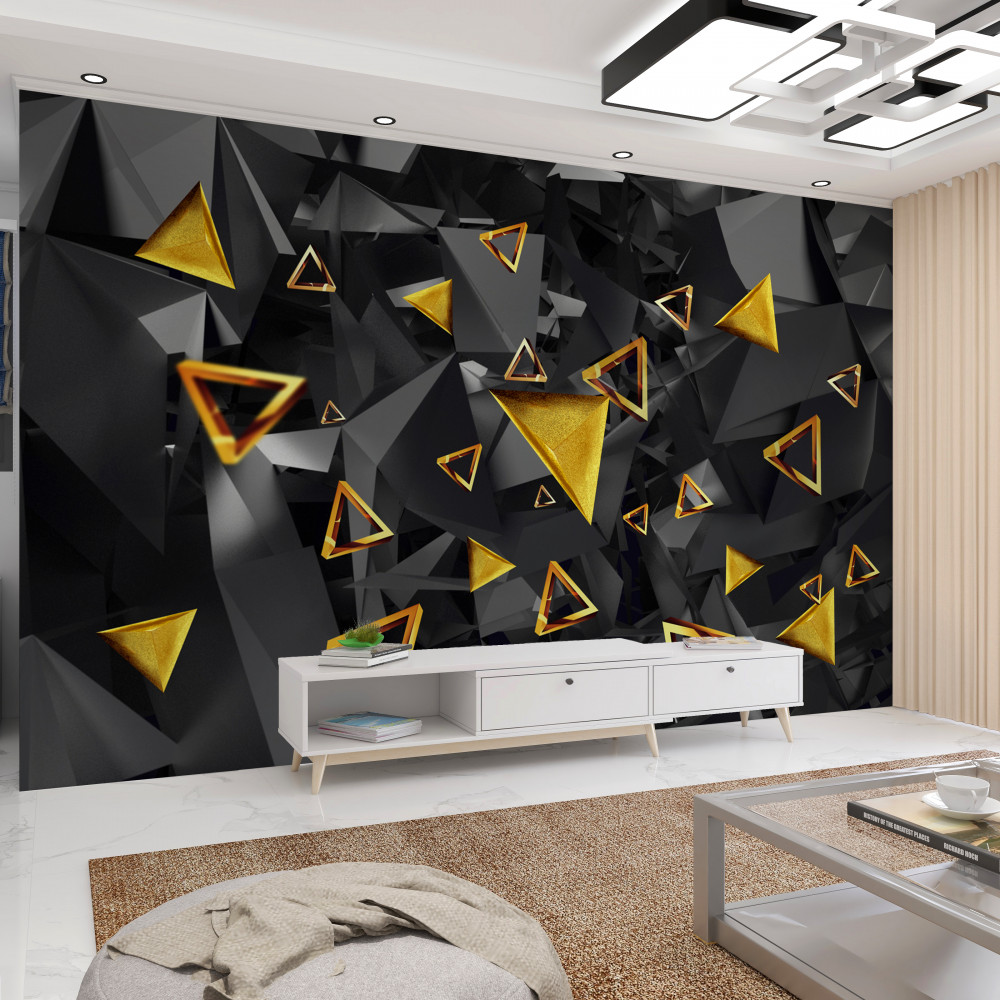 Fototapeta pływające złote trójkąty na ciemnym tle