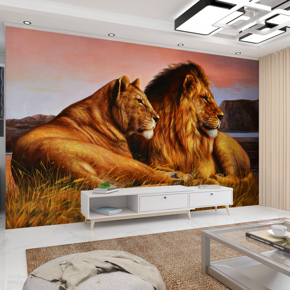 Fototapeta rodzina lwów patrząca na dzieci