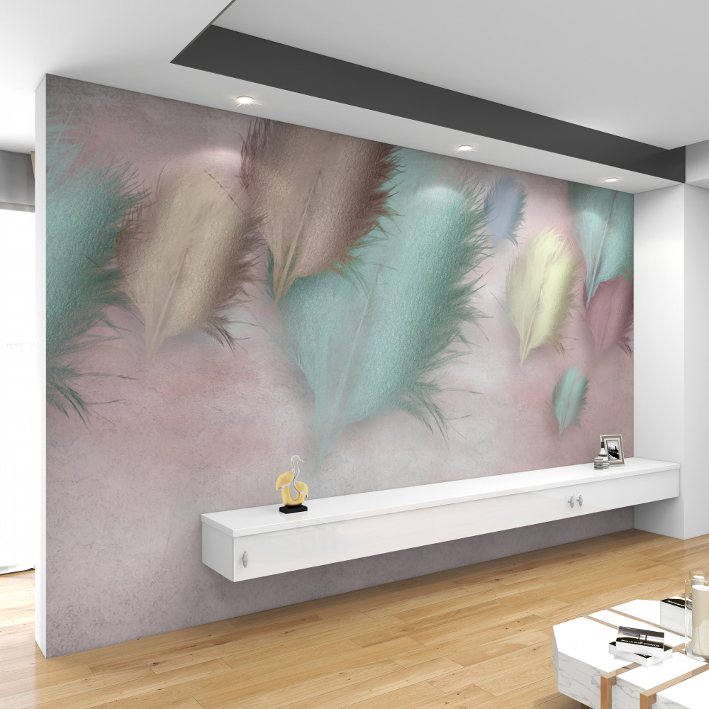 Fototapeta kolorowe latające pióra na różowym niebie