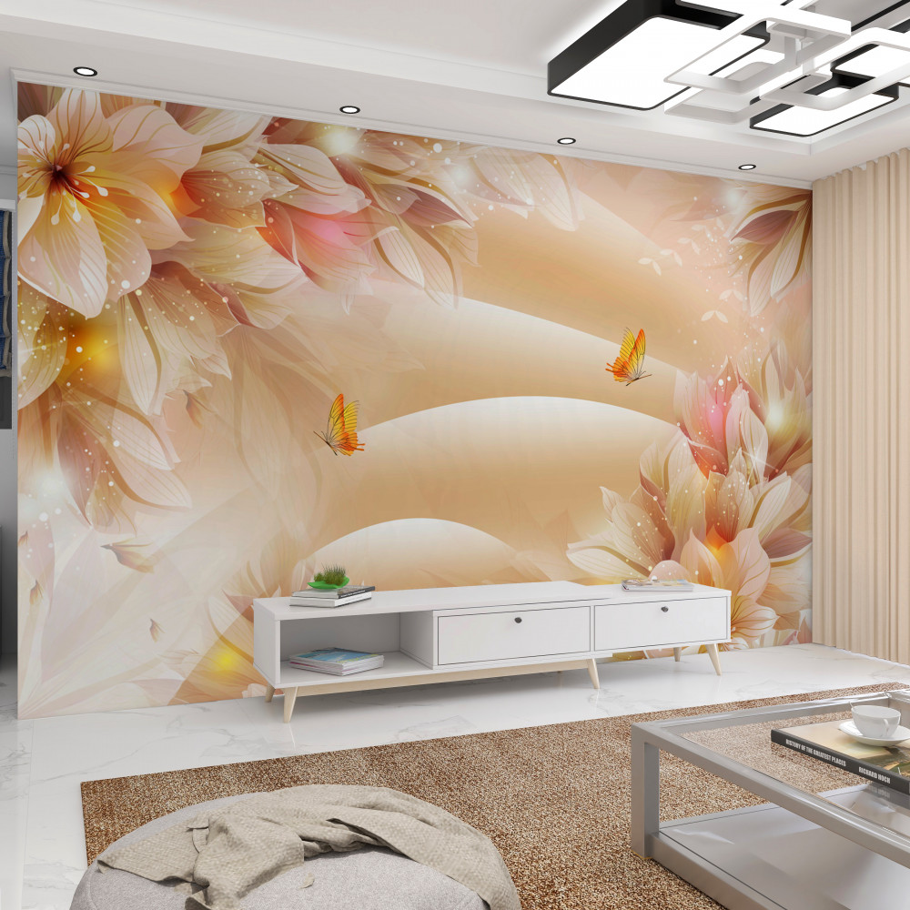 Fototapeta brązowy jedwab ozdobiony kwitnącymi pąkami