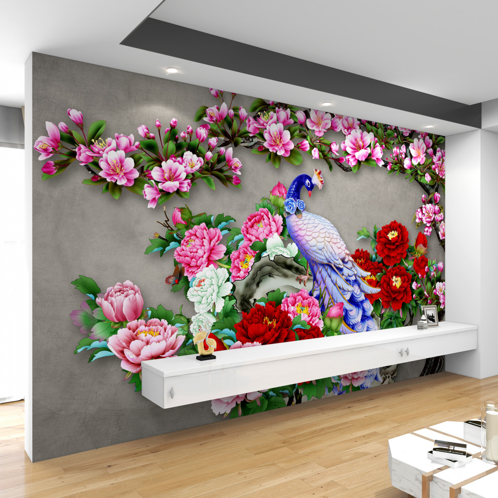 Fototapeta piękny paw na kwitnących gałęziach magnolii i róż