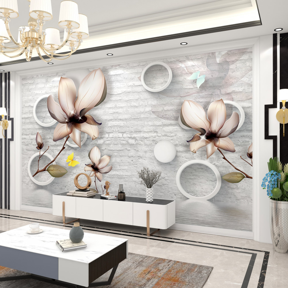 Fototapeta jasne kwiaty na abstrakcyjnym tle cegły