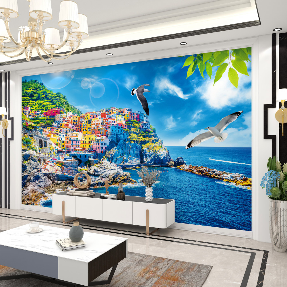 Fototapeta jasne miasto nad morzem na skałach