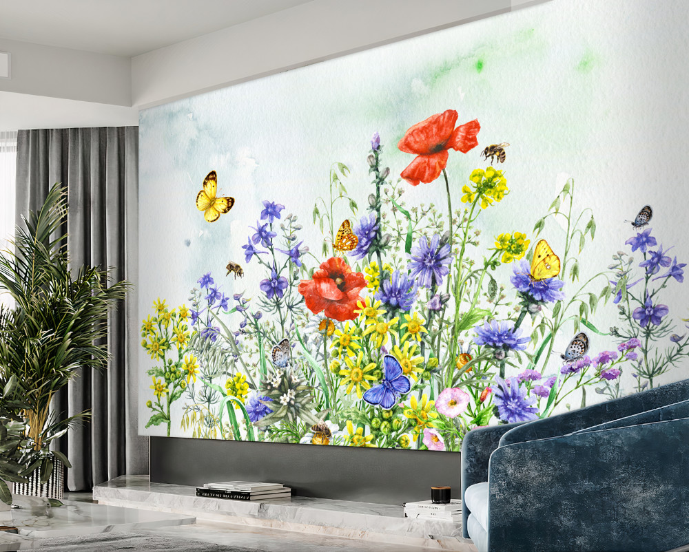 Fototapeta jasne letnie kwiaty łąkowe i motyle