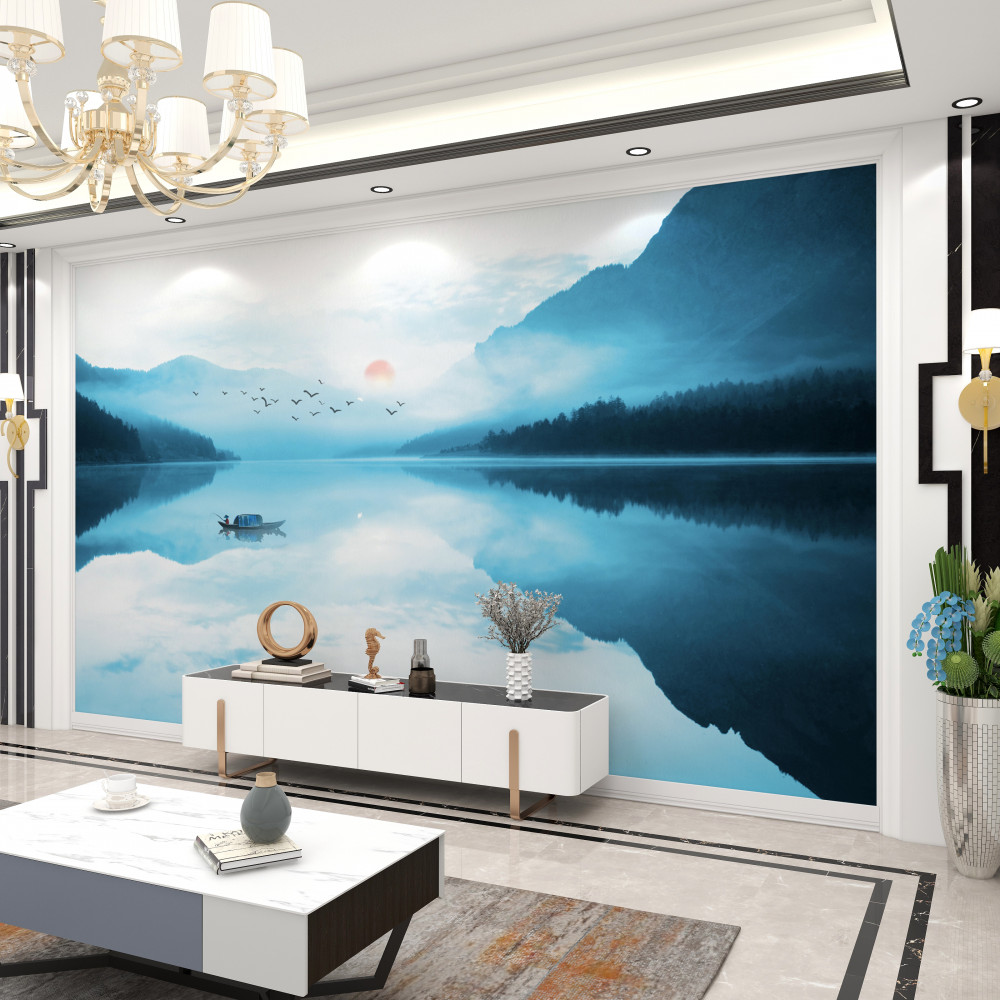 Fototapeta rybak na spokojnej wodzie o zachodzie słońca