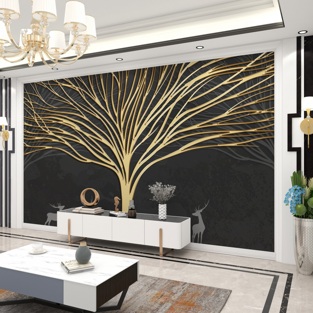 Fototapeta złote drzewo i stado jeleni