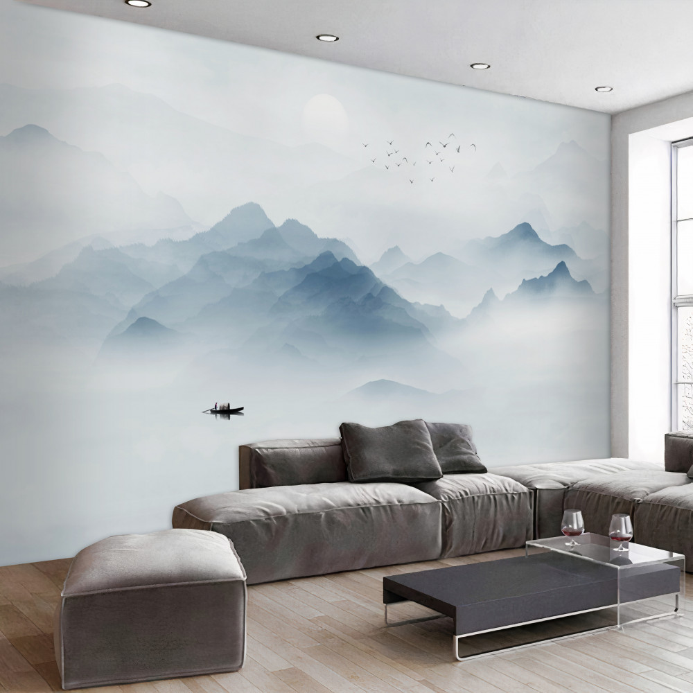 Fototapeta gęsta mgła w górach i samotny rybak