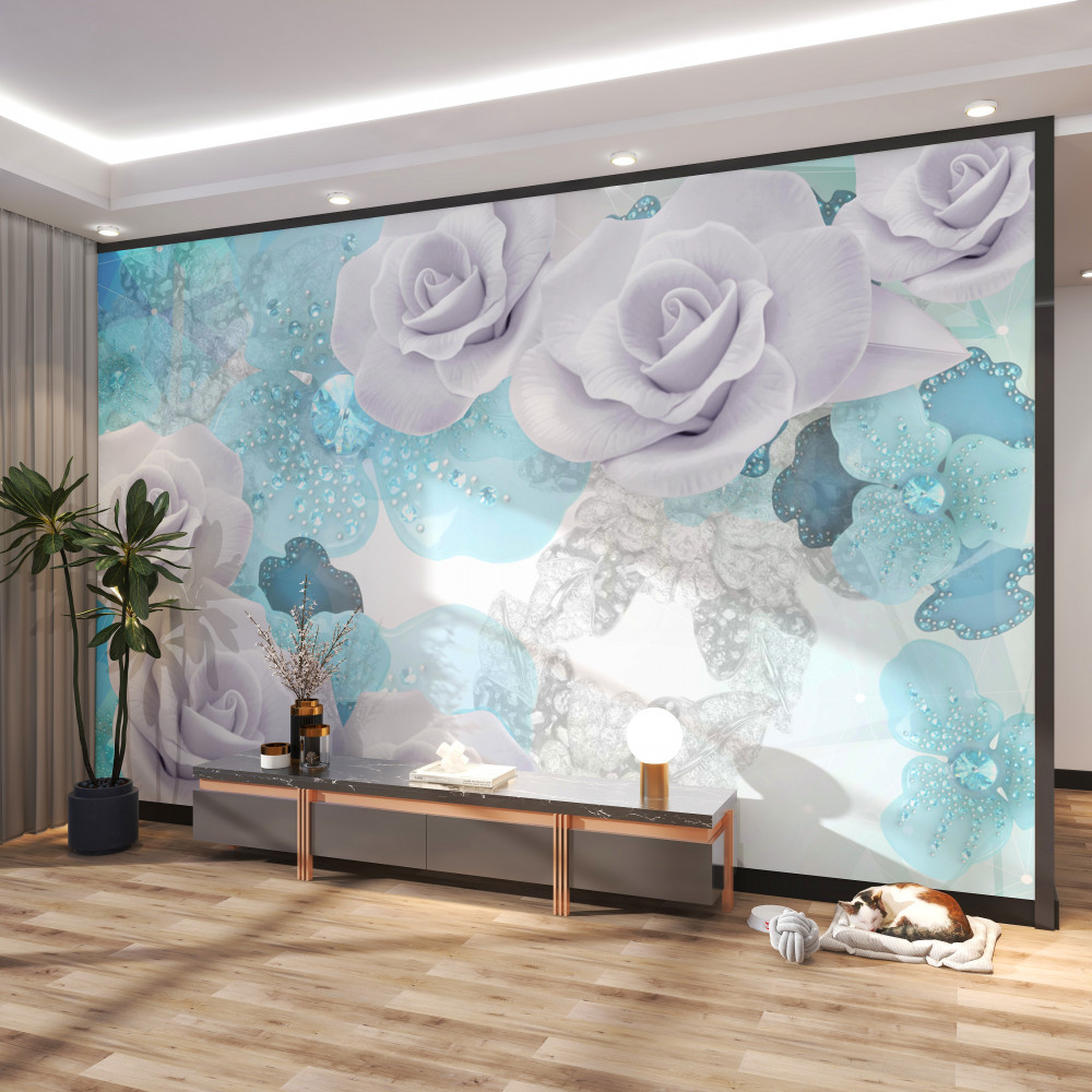 Fototapeta kompozycja białych kwiatów na niebieskim tle