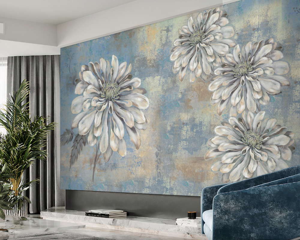 Fototapeta ogromne białe astry na tle deszczu