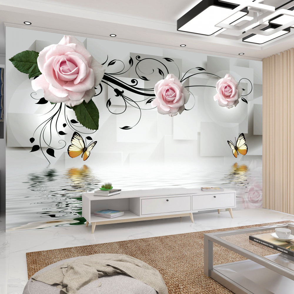 Fototapeta delikatna różowa gałąź róży nad wodą z motylami