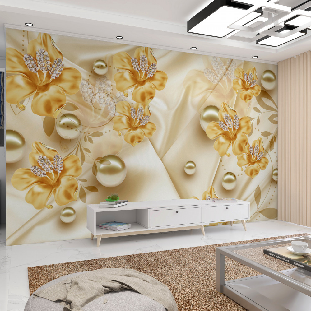 Fototapeta kwiaty ze złota i pereł na jedwabiu