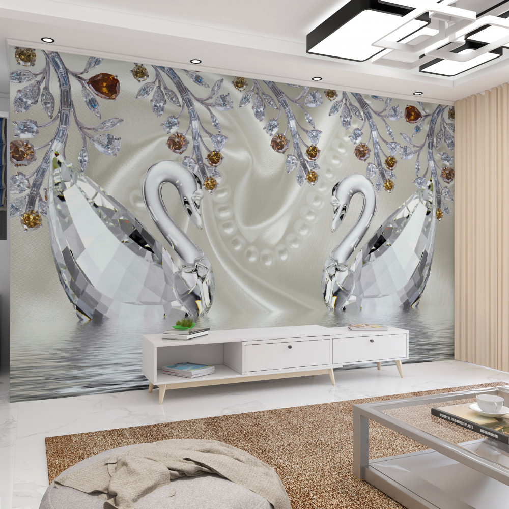 Fototapeta białe łabędzie na wodzie i złote gałęzie kwiatów