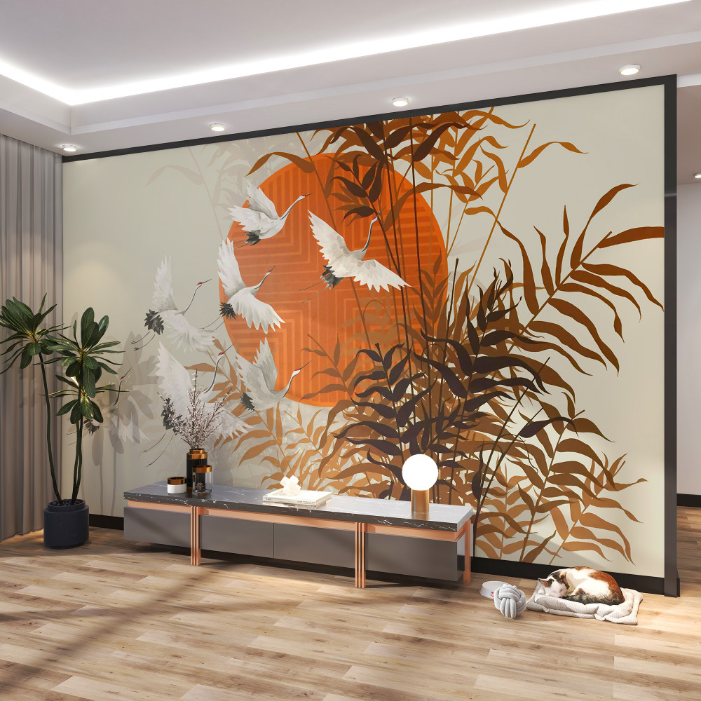 Fototapeta stado żurawi obserwujących zachód słońca