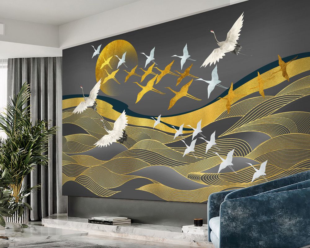 Fototapeta stado ptaków leci w stronę zachodu słońca nad morzem