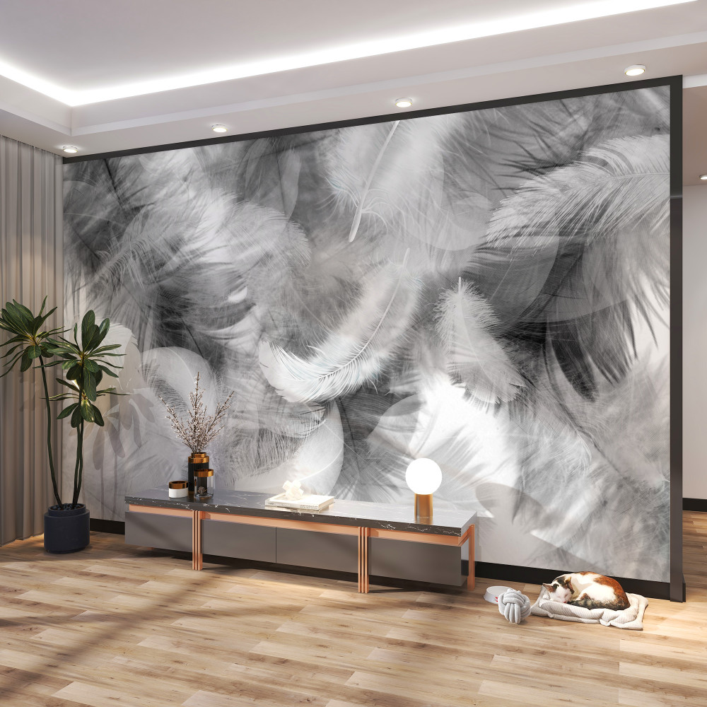 Fototapeta czarno-białe pióra w powietrzu