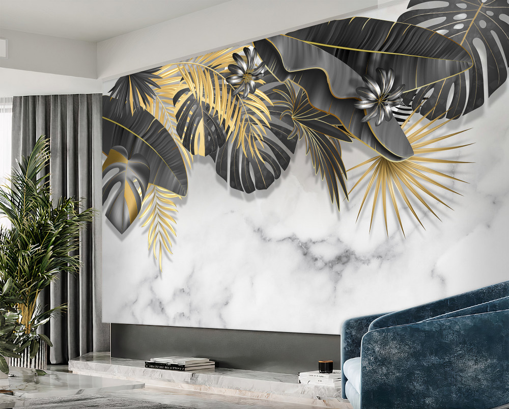 Fototapeta czarno-złote liście tropikalnej dżungli