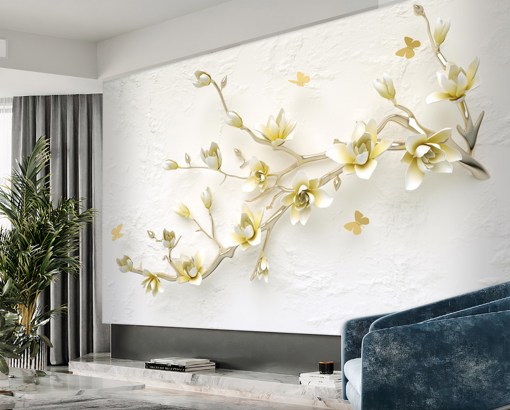 Fototapeta samotna gałąź usiana kwiatami i motylami