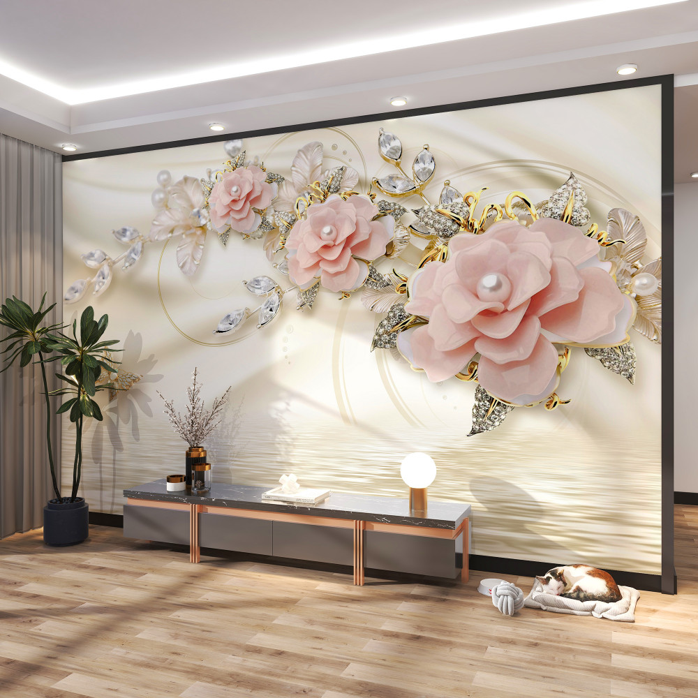 Fototapeta gałąź różowych kwiatów z perłami nad wodą