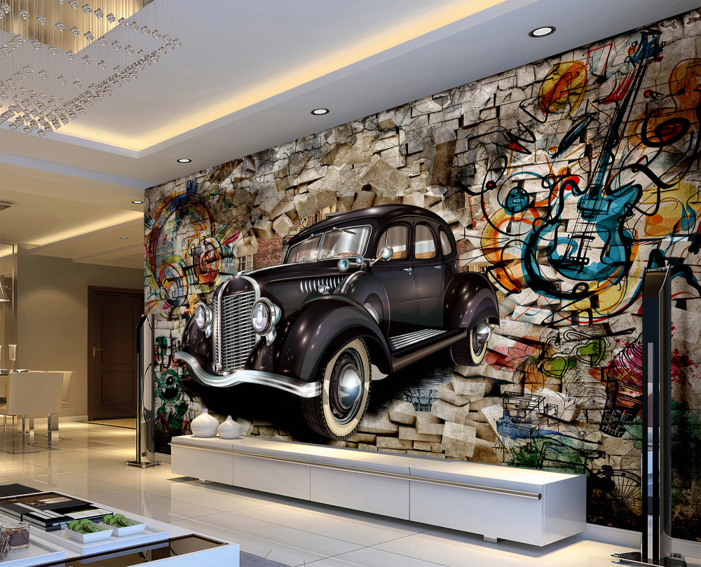 Fototapeta czarny zabytkowy samochód na ścianie