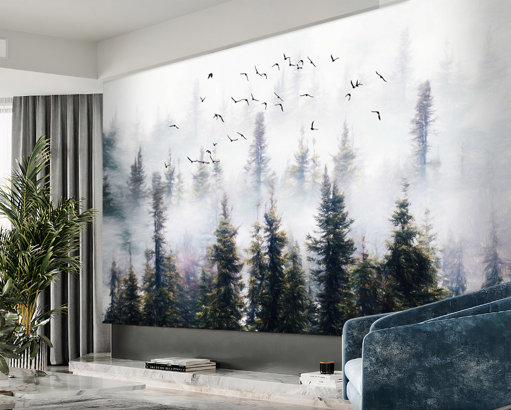 Fototapeta ptaki latają nad mglistym lasem iglastym
