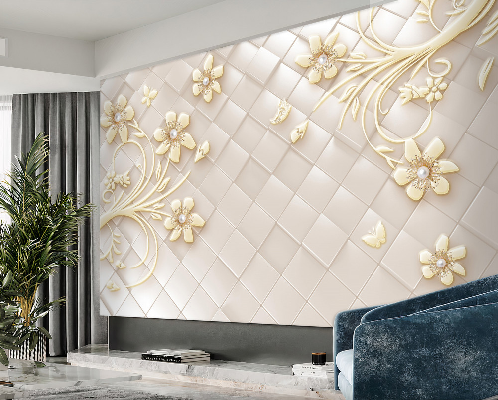 Fototapeta złote gałęzie i kwiaty na tle diamentów