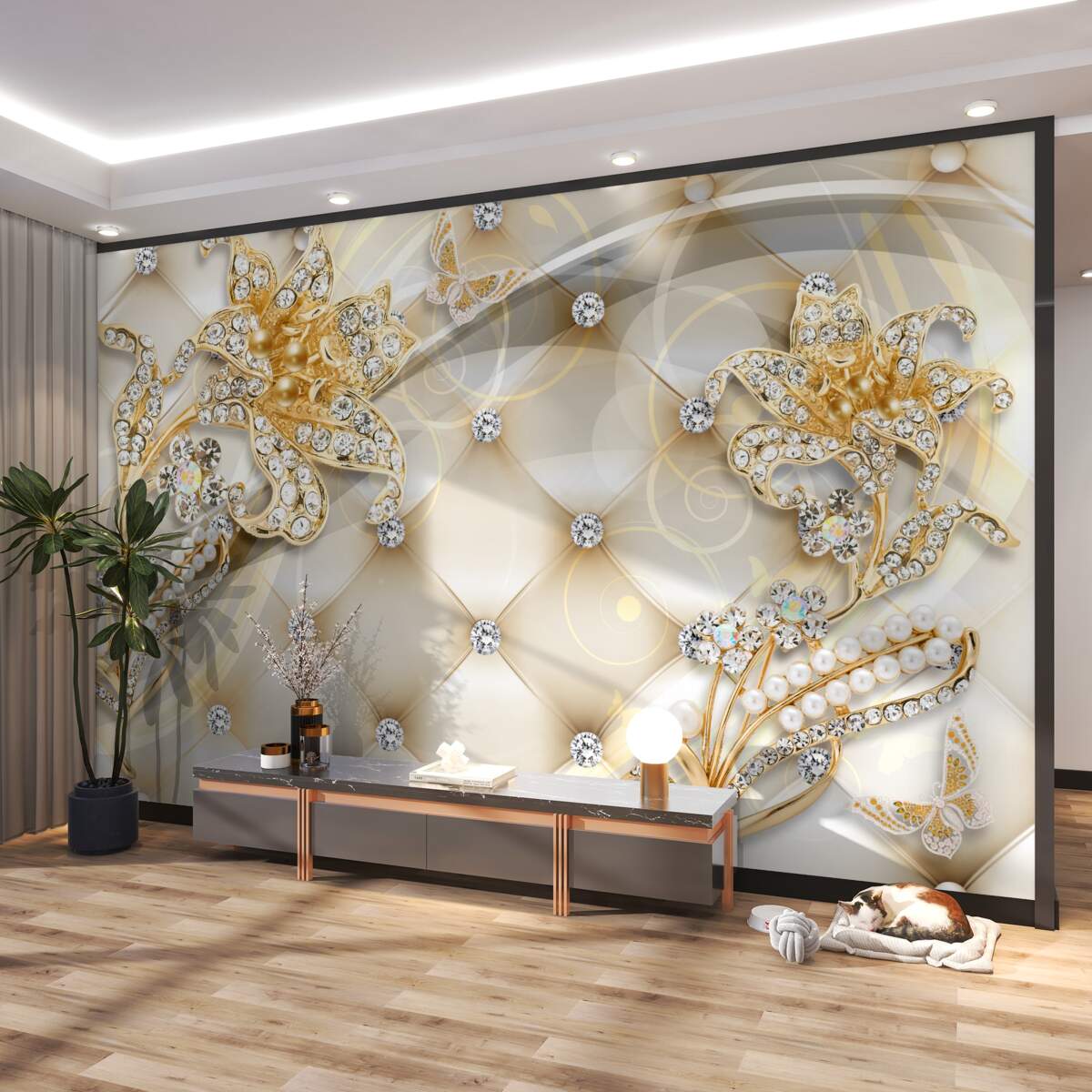Fototapeta wysadzane klejnotami kwiaty i złoto z perłami