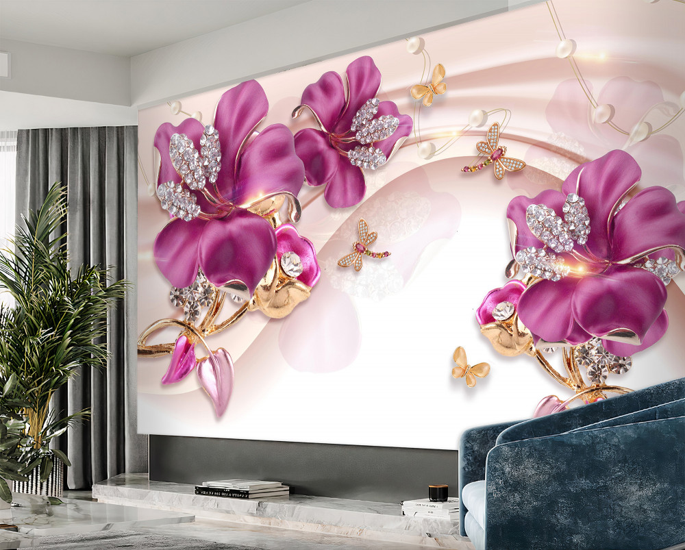 Fototapeta fioletowe płatki kwiatów w perłach i złocie