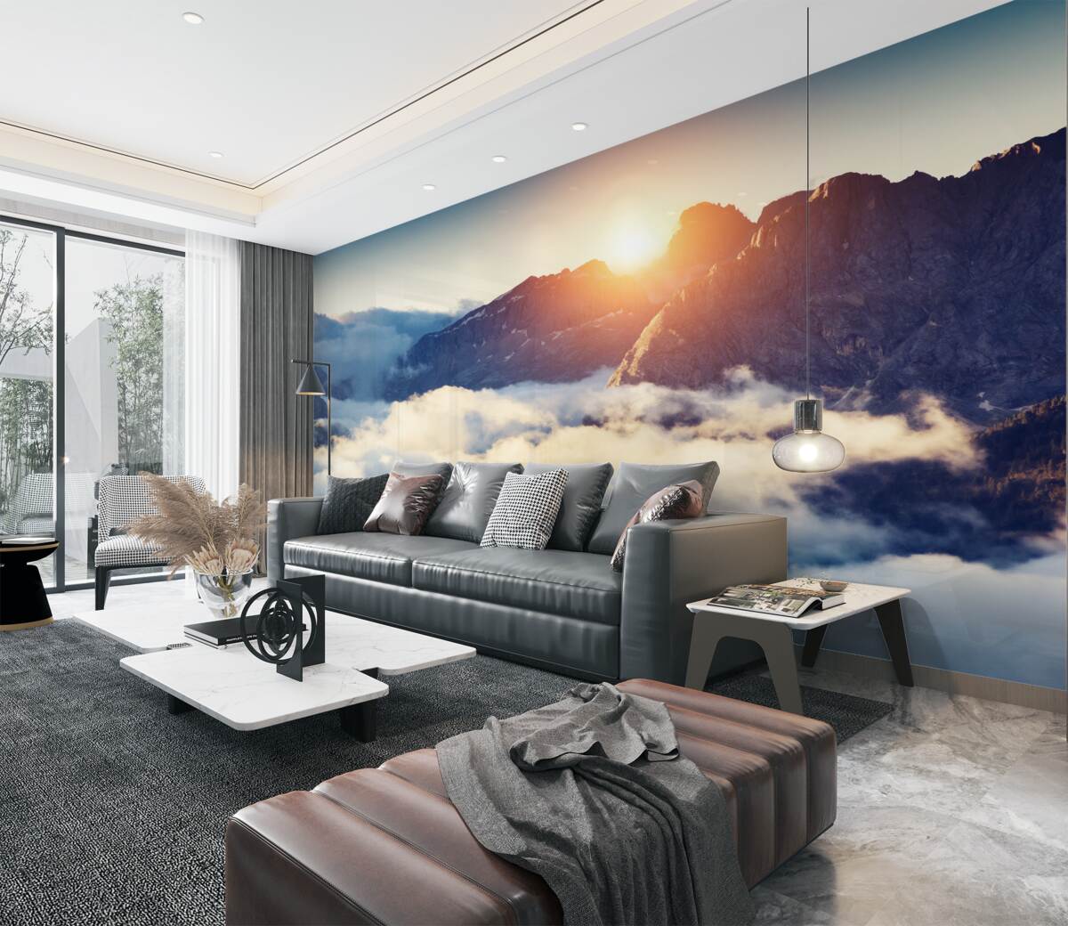 Fototapeta las zachód słońca w górach