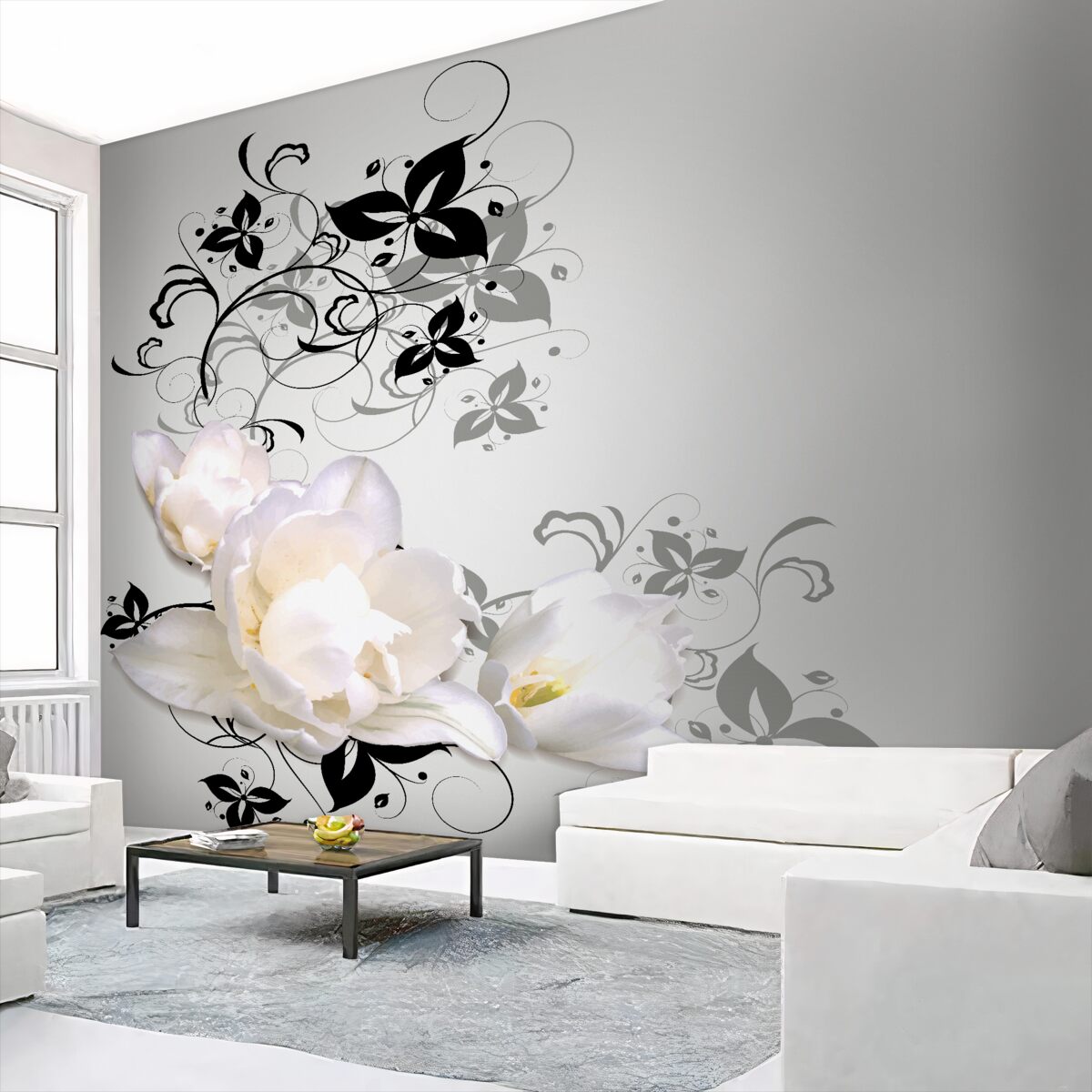 Fototapeta lilia wodna z ciemnymi liśćmi na szarym tle