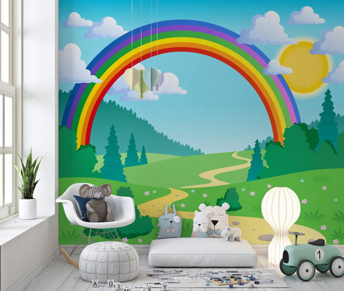 Fototapeta Jasna tęcza na leśnej polanie