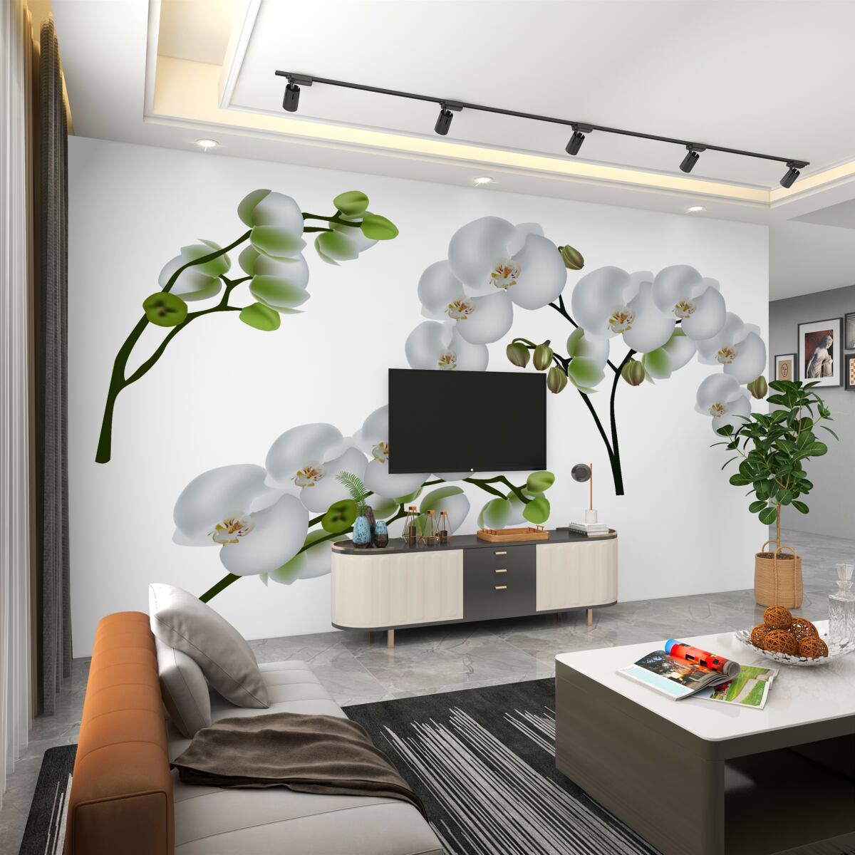 Fototapeta biała orchidea z zielonymi liśćmi