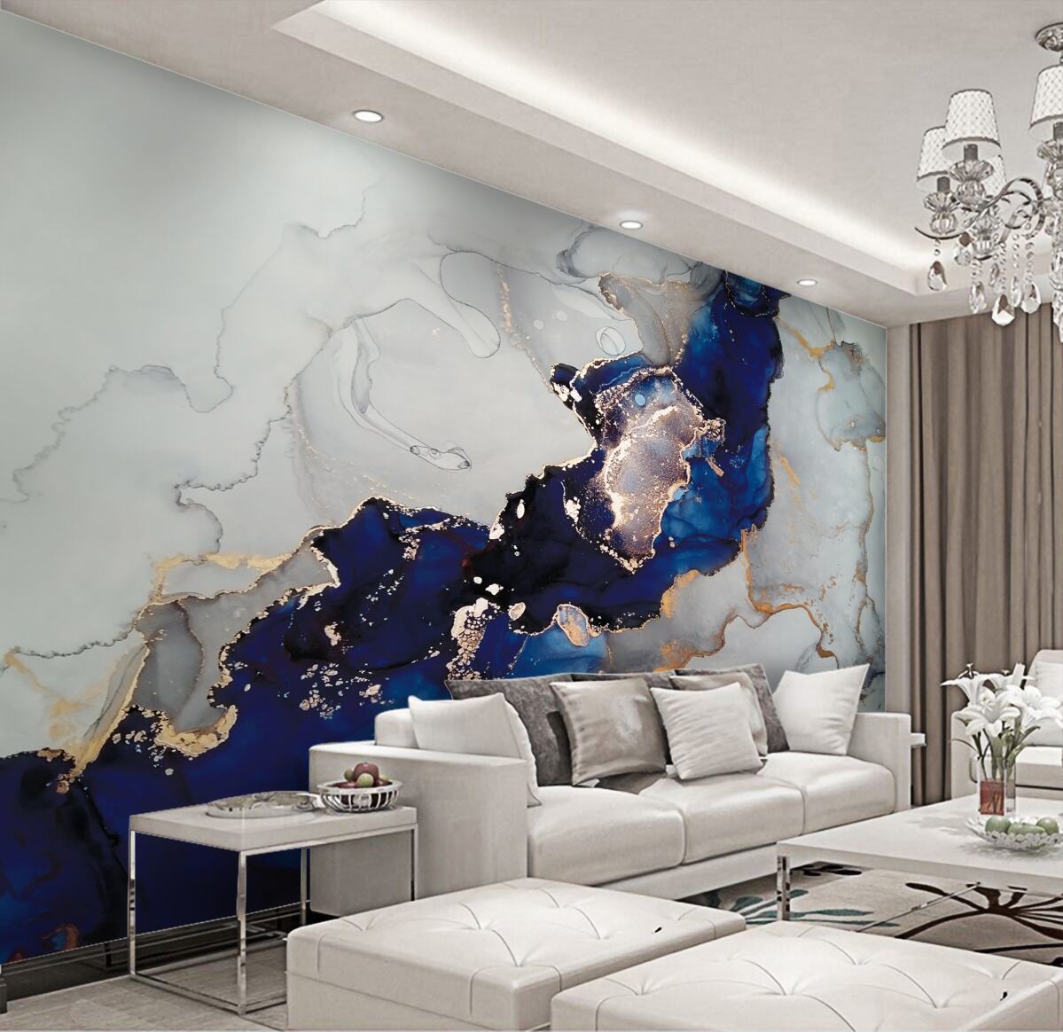 Fototapeta niebieskie plamy ze złotą obwódką