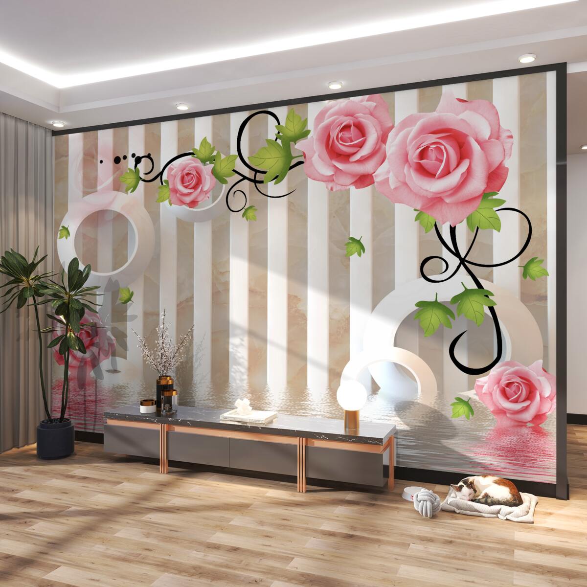 Fototapeta różowe róże z zielonymi liśćmi w pobliżu wody