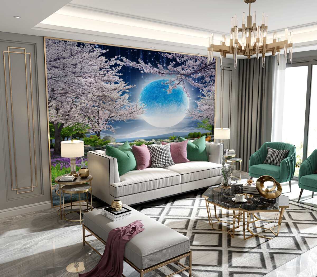 Fototapeta abstrakcyjny niebieski księżyc na tle jeziora z sakurą