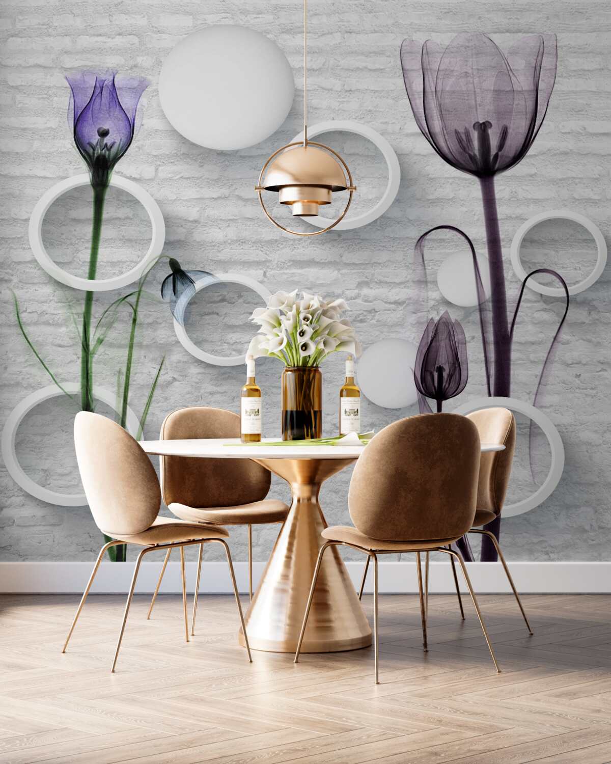 Fototapeta cienkie pąki na gałęziach i geometrycznych okręgach