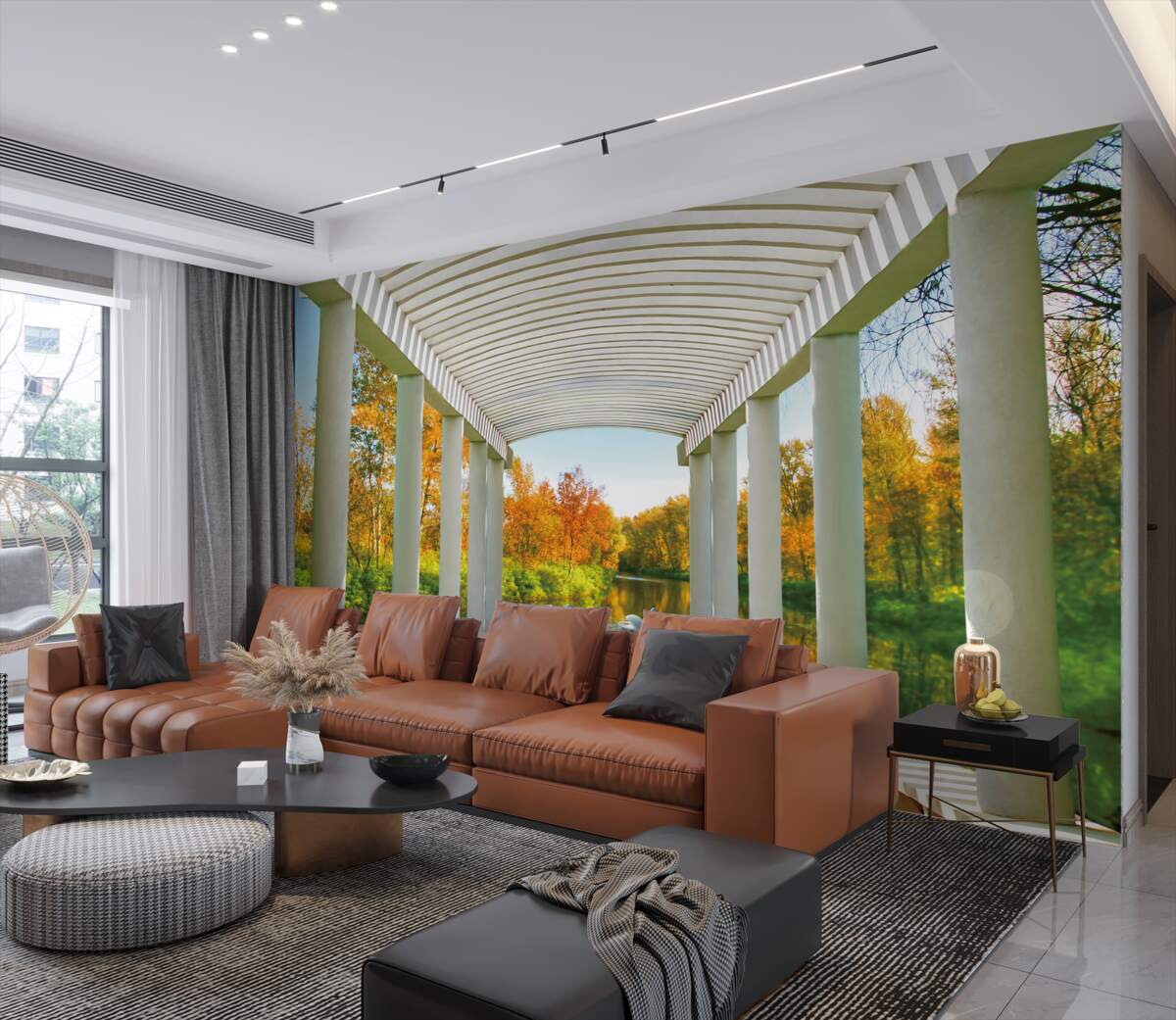 Fototapeta jesienny las na panoramicznym tle