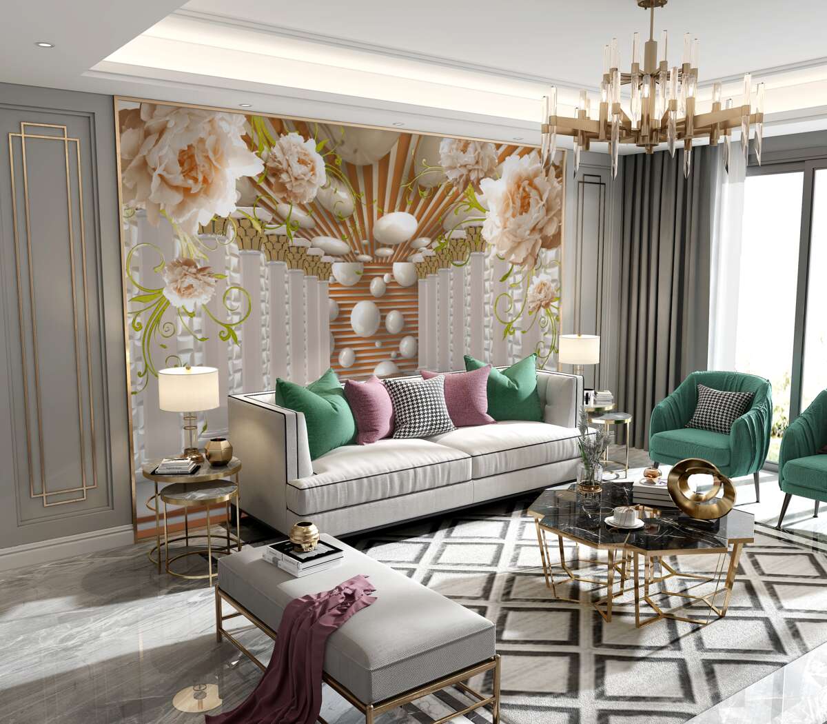 Fototapeta tunel kamiennych łuków kwiatów i postaci