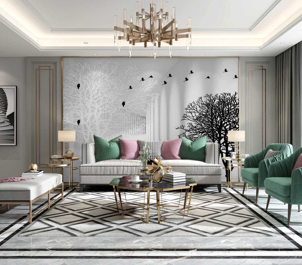 Fototapeta ptaki latają nad drzewami