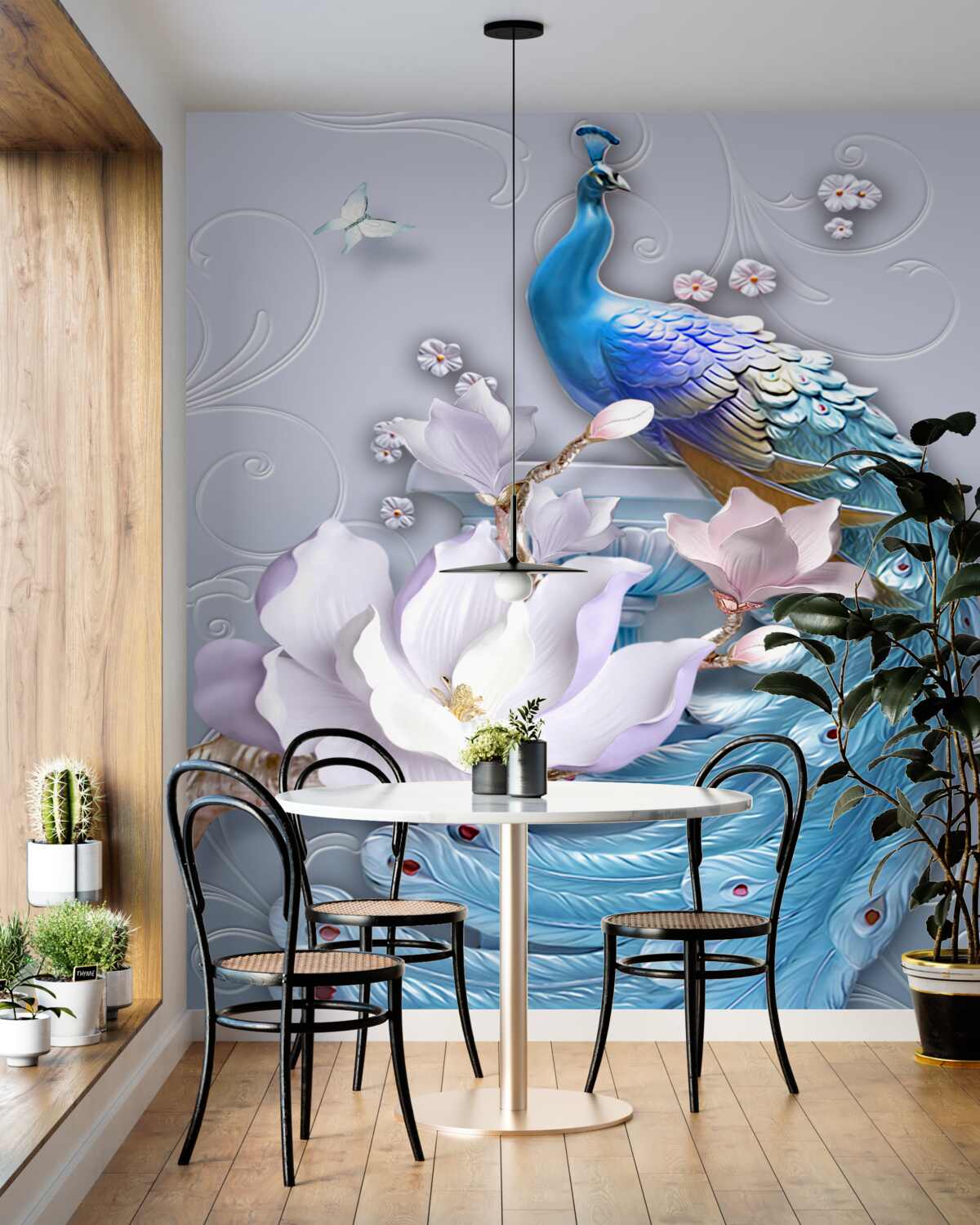 Fototapeta luksusowy paw z grubym ogonem w kwiatach